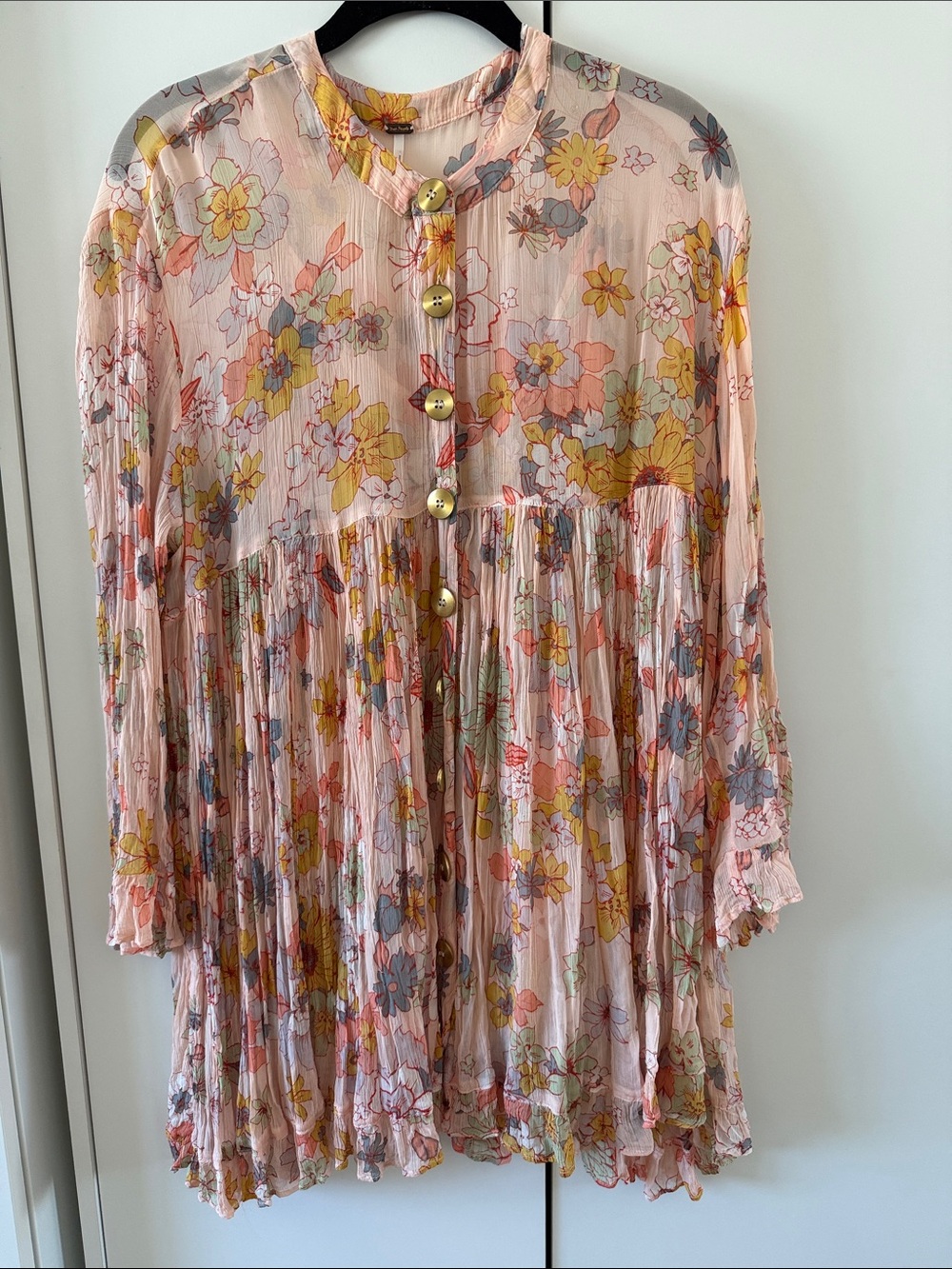 FREE PEOPLE / Sheer Pink Floral Button-Front Dress w/ slip
